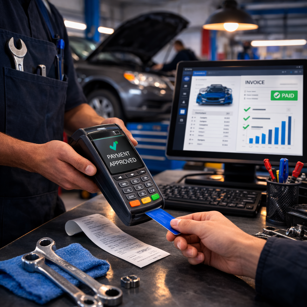 Auto repair shop counter with a payment terminal and POS system during customer checkout.