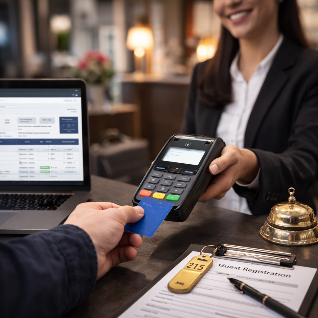 Hotel / Motel front desk payment terminal processing a guest card during check-in