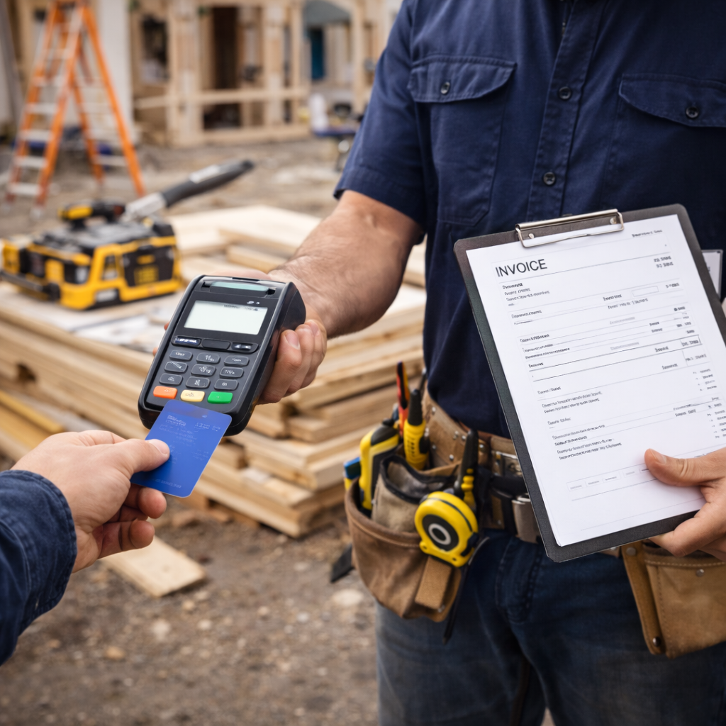 Contractor accepting a card payment on-site with a portable payment terminal and invoice clipboard.