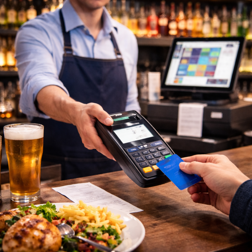 Restaurant payment terminal being used at a bar counter with a POS screen in the background