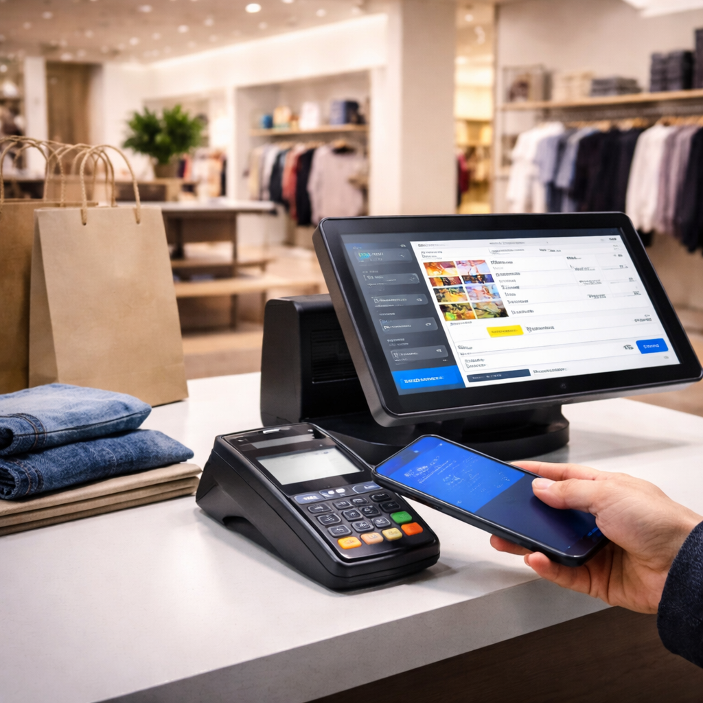 Retail POS system and card terminal at a checkout counter in a modern store.